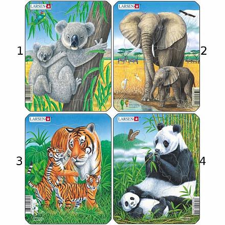 Пазл Дикие животные: коала, слон, тигр, панда, 4 вида, 8 деталей 
